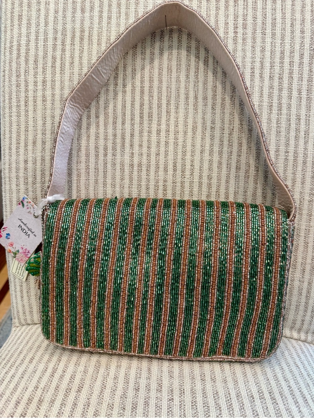Beaded Green Palm Motif Shoulder Bag - Picture 3 of 6